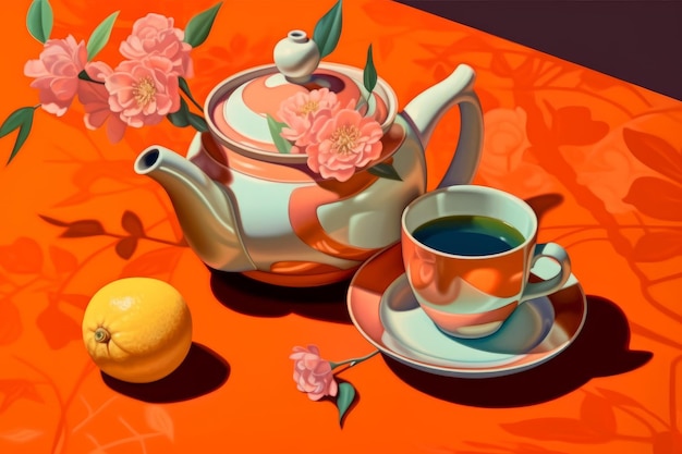 Une peinture d'une théière et d'une tasse de café sur une table avec un citron.