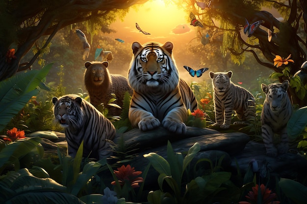 une peinture de tigre et d'animaux dans la jungle