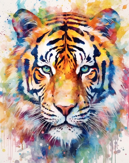 Une peinture d'un tigre aux yeux bleus.