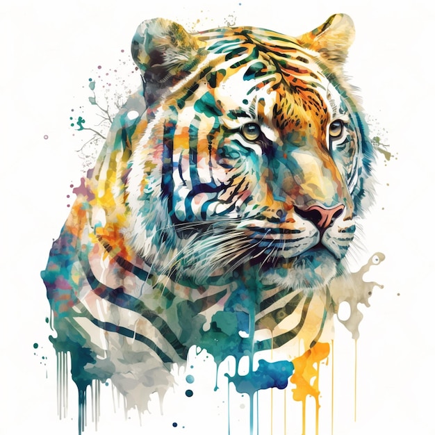 Une peinture d'un tigre avec une bande bleue et jaune.
