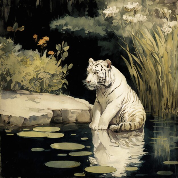 Photo peinture d'un tigre blanc assis dans un étang d'eau ia générative