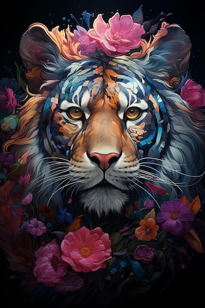 peinture d'un tigre avec une couronne florale sur sa tête