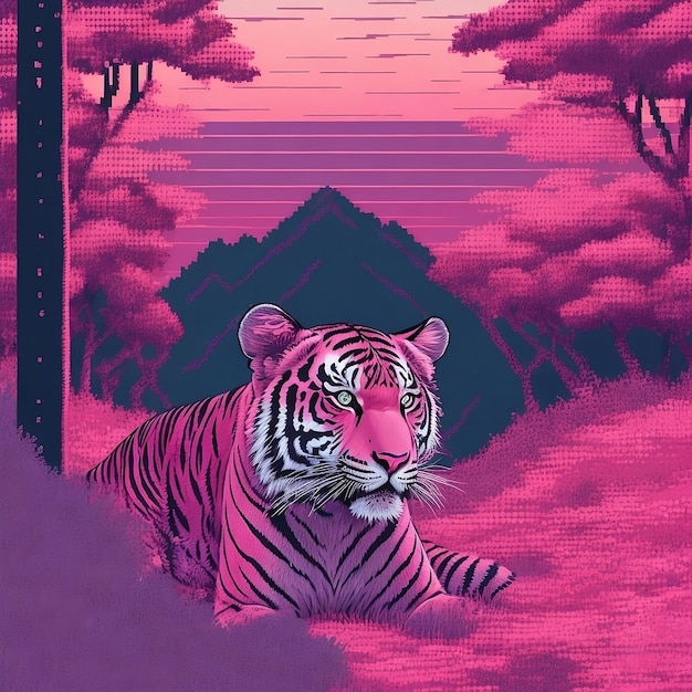 une peinture d'un tigre sur la forêt rose