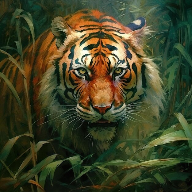 Une peinture d'un tigre marchant dans les hautes herbes Image AI générative