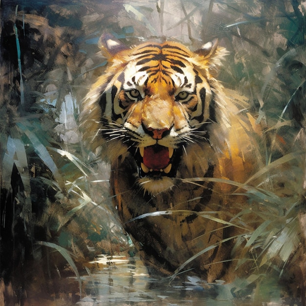 Peinture d'un tigre marchant à travers une jungle avec de l'eau et de l'herbe générative ai