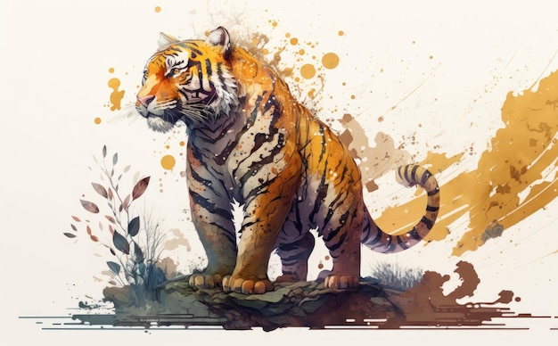 Une peinture d'un tigre sur un rocher. illustrations à l'aquarelle pour les enfants de style dessin animé généré par ai