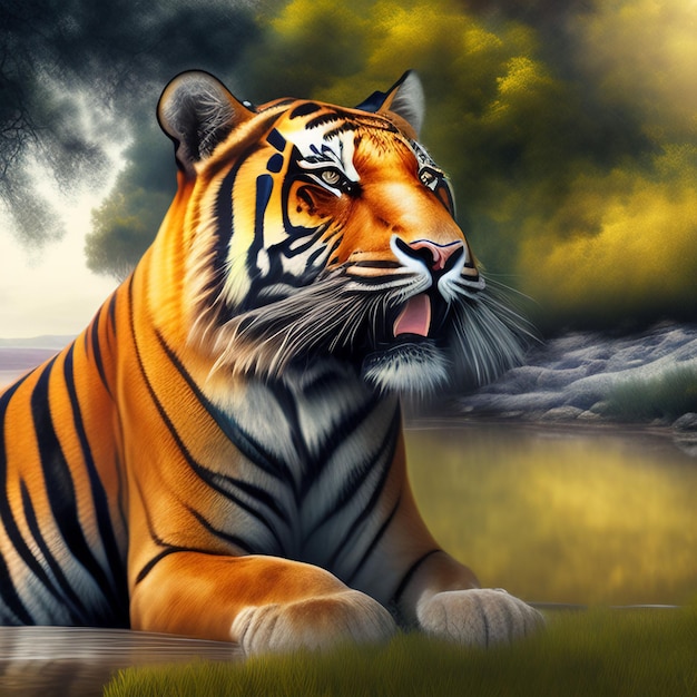 Une peinture d'un tigre avec sa langue tirée