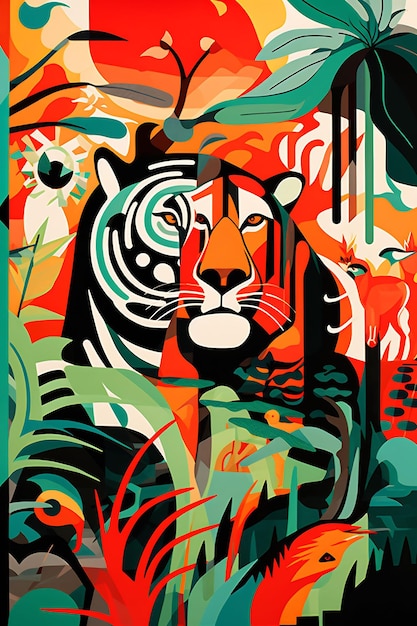 une peinture d'un tigre et d'un tigre dans une jungle