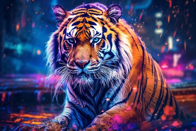 Une peinture d'un tigre avec un visage bleu et orange