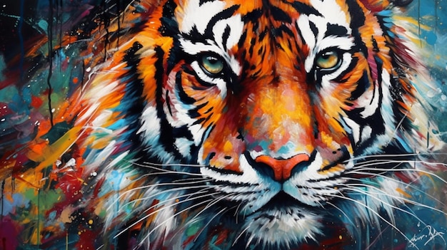 peinture d'un tigre avec un visage coloré et une longue crinière générative ai