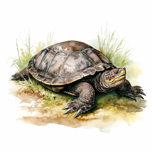 Peinture d'une tortue assise sur le sol dans l'herbe ai générative