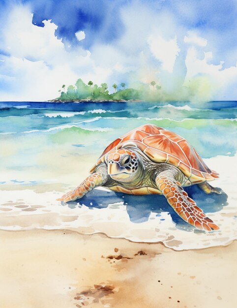 Peinture d'une tortue sur la plage avec un ciel bleu et des nuages génératifs ai