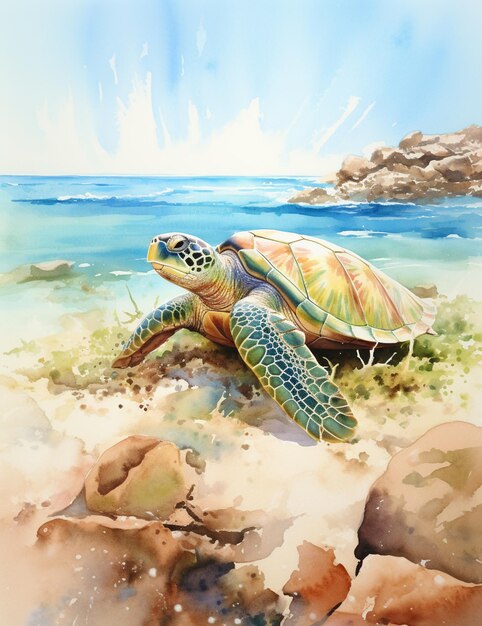 Peinture d'une tortue sur une plage avec des rochers et de l'eau générative ai