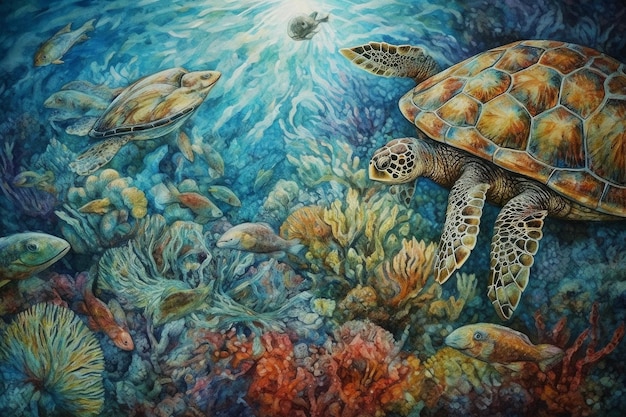 Une peinture d'une tortue et d'une tortue nageant dans un récif corallien.