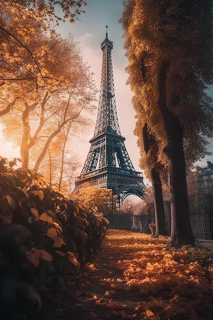 Une peinture d'une tour eiffel en automne