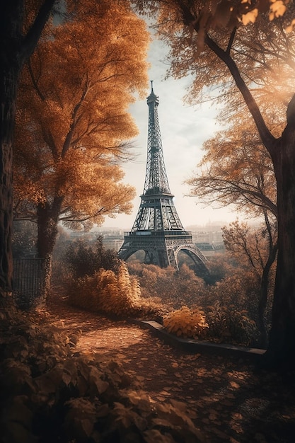 Une peinture de la tour eiffel en automne