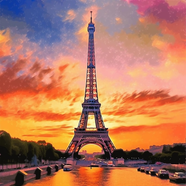 Peinture de la tour Eiffel à Paris au coucher du soleil