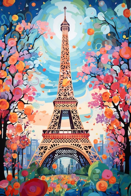 Peinture de la tour Eiffel à Paris avec beaucoup de fleurs générative ai