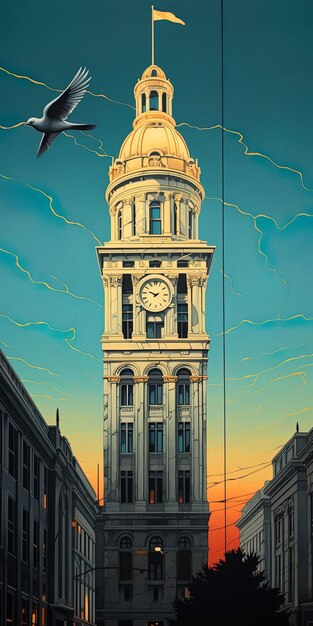 Photo une peinture d'une tour d'horloge avec un coucher de soleil en arrière-plan