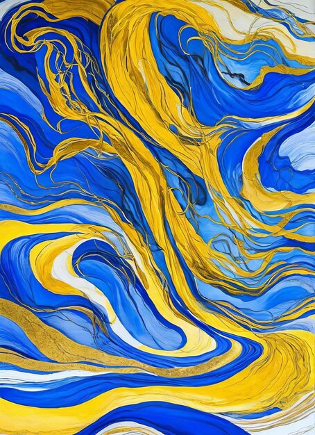 Une peinture d'un tourbillon bleu et jaune avec de la peinture dorée.