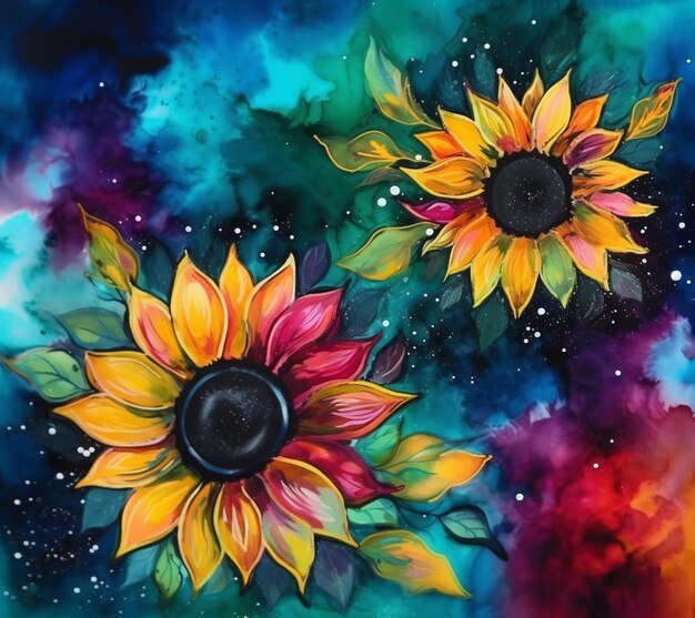 Photo une peinture d'un tournesol aux couleurs de l'univers à gauche.