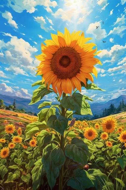 Une peinture d'un tournesol dans un champ avec le ciel en arrière-plan.