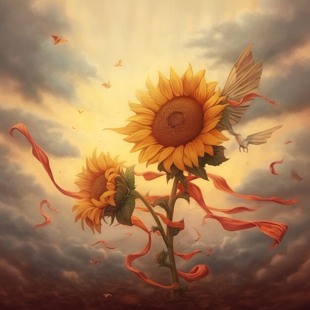 Une peinture d'un tournesol avec un papillon dessus