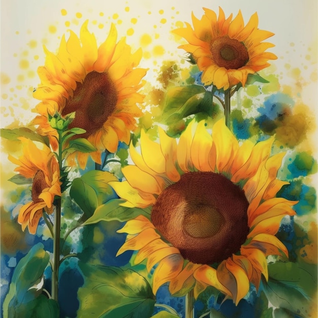 Peinture de tournesols avec un fond de ciel bleu