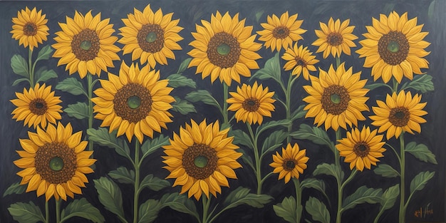 Une peinture de tournesols sur fond noir