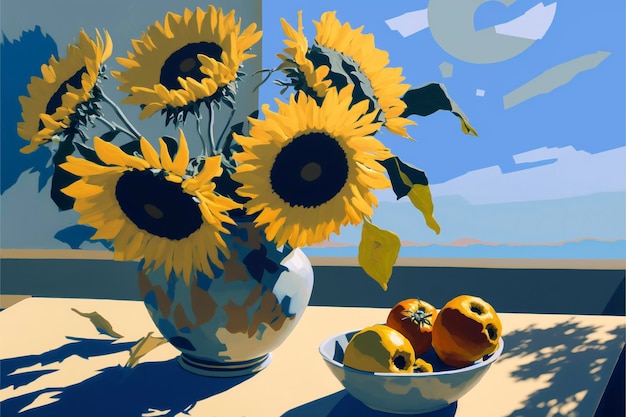 Peinture de tournesols et de pommes dans un bol ai générative