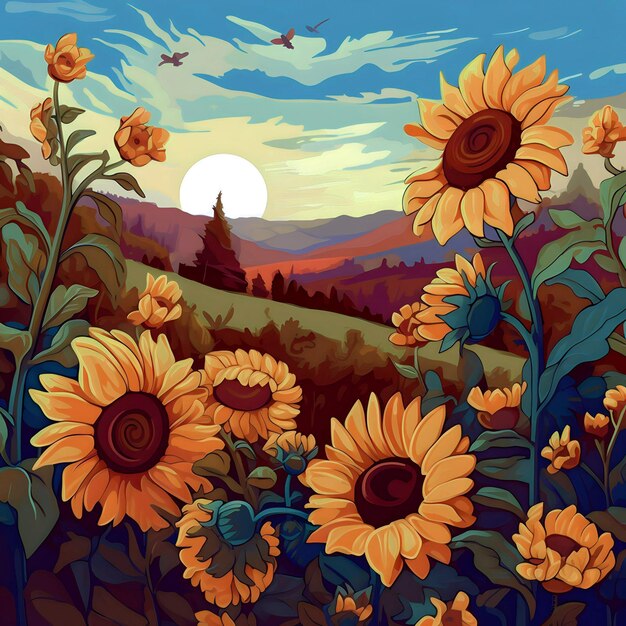 Une peinture de tournesols avec le soleil en arrière-plan.