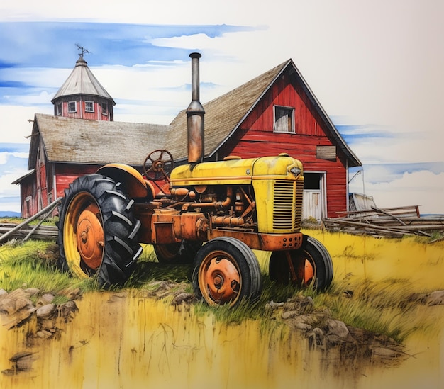 peinture d'un tracteur devant une grange avec une grange rouge en arrière-plan IA générative