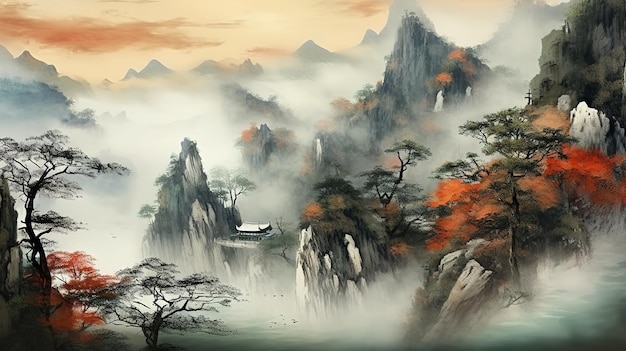 Peinture traditionnelle chinoise Paysage rouge Peinture d'arbres de collines sur papier texturé AI