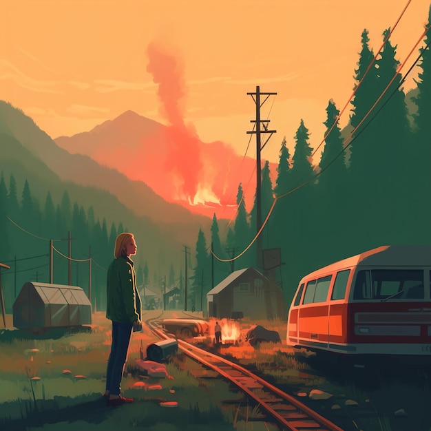 Une peinture d'un train dans une forêt avec une montagne et un feu en arrière-plan