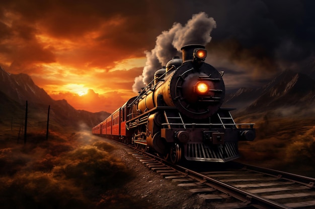 Une peinture d'un train sur une voie ferrée La locomotive à vapeur se déplace au coucher du soleil dans les rayons rouges du soleil le long de la voie ferrée Des bouffées de fumée s'échappant de la cheminée d'un train rétro