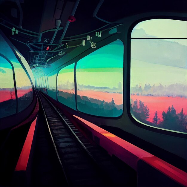 Une peinture d'un train avec vue sur les montagnes et les arbres.