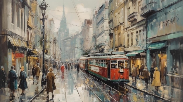 Une peinture d'un tram sous la pluie