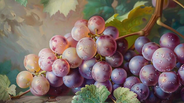 Peinture très détaillée d'une grappe abondante de raisins