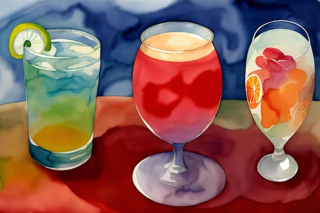 Une peinture de trois boissons différentes sur une table