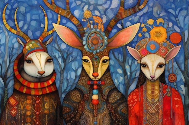 Peinture de trois cerfs avec des costumes colorés et un fond bleu ai génératif