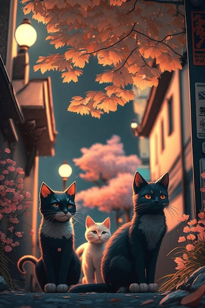 Une peinture de trois chats dans une rue avec un arbre rose en arrière-plan.