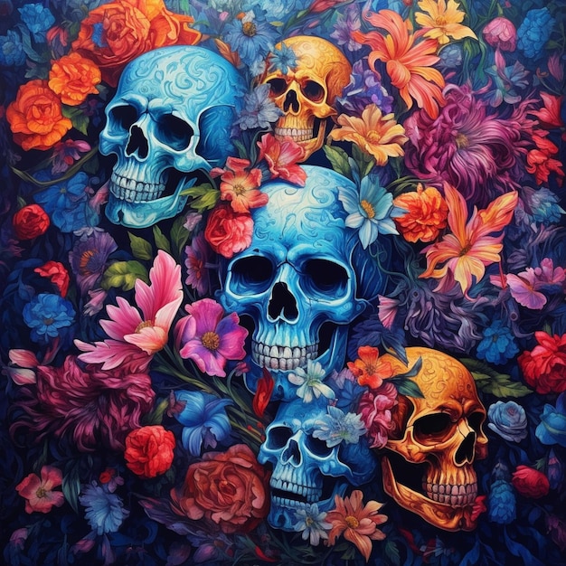 Peinture de trois crânes entourés de fleurs sur un fond sombre
