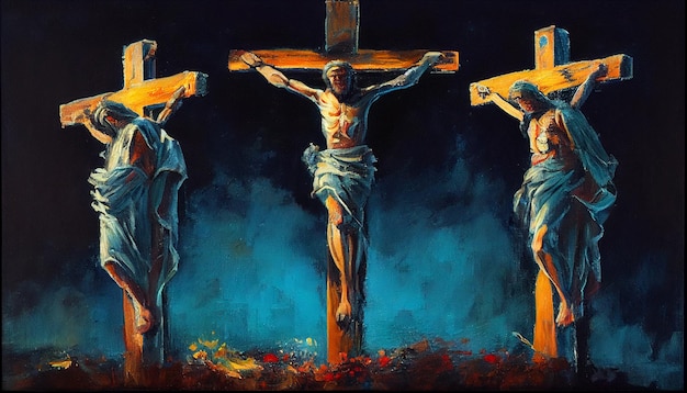 Peinture de trois crucifix avec une croix sur un fond sombre ai générative