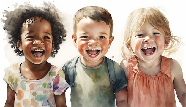 Une peinture de trois enfants dont l'un porte une robe rose et l'autre des trois autres sourit.