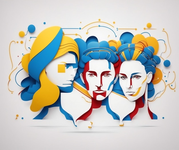 une peinture de trois femmes et un homme avec un chapeau bleu.