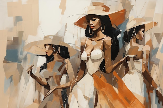 peinture de trois femmes en robes blanches et chapeaux avec des parapluies orange