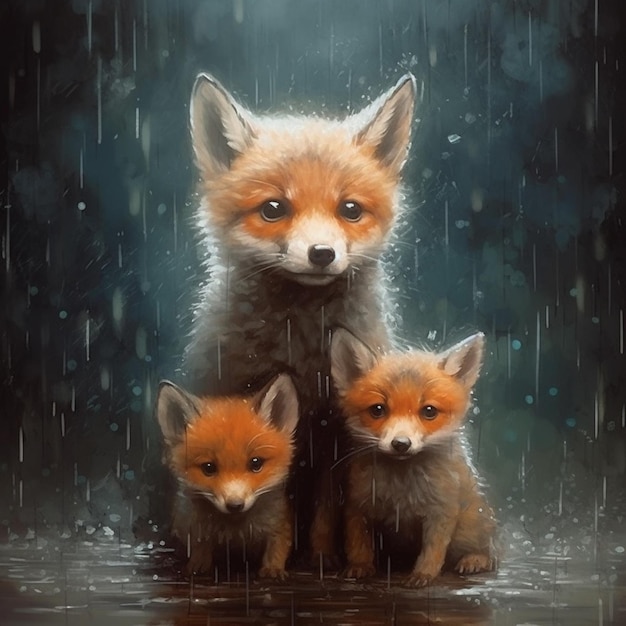 Peinture de trois renards dans la pluie générative ai.