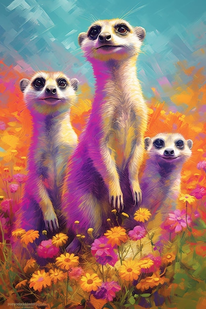 Photo peinture de trois surcats dans un champ de fleurs générative ai