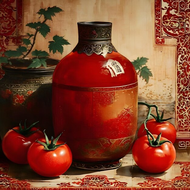 Photo une peinture de trois tomates et un vase avec une étiquette disant glast