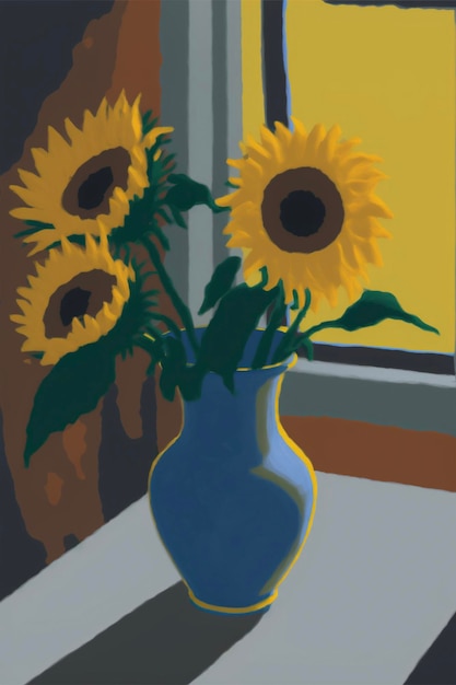 Peinture de trois tournesols dans un vase bleu ai générative